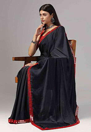 Embroidered Border Modal Satin Saree in Dark Blue