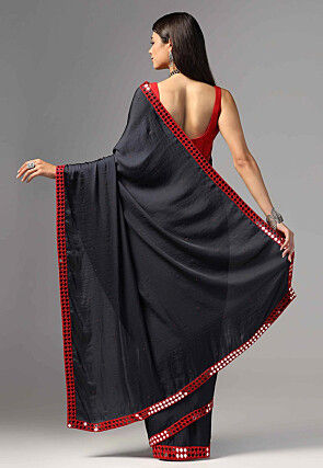 Embroidered Border Modal Satin Saree in Dark Blue