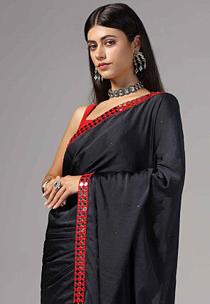 Embroidered Border Modal Satin Saree in Dark Blue