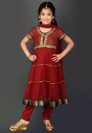 Embroidered Border Net Anarkali Suit in Maroon