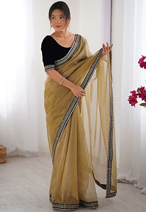 Embroidered Border Net Saree in Beige