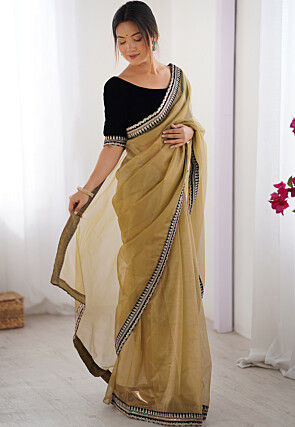 Embroidered Border Net Saree in Beige