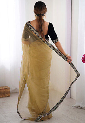 Embroidered Border Net Saree in Beige