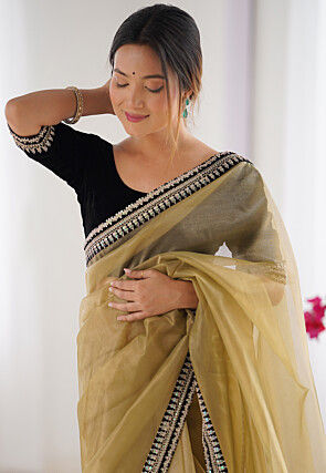 Embroidered Border Net Saree in Beige