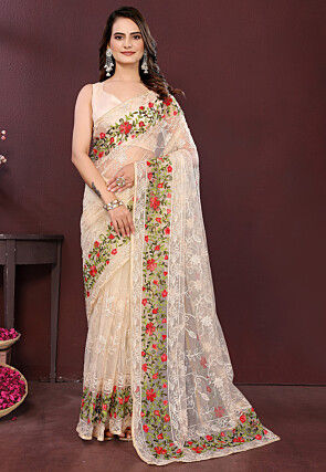Embroidered Border Net Saree in Beige