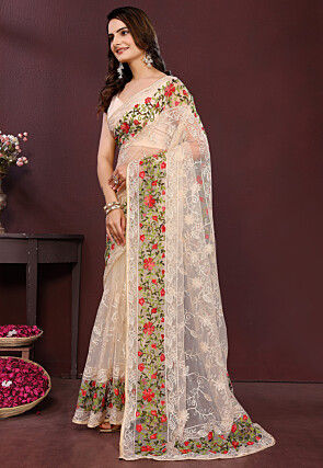 Embroidered Border Net Saree in Beige