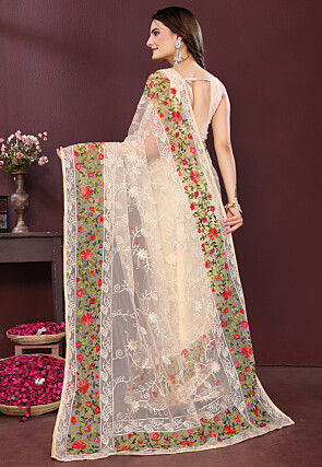 Embroidered Border Net Saree in Beige