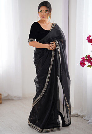 Embroidered Border Net Saree in Black