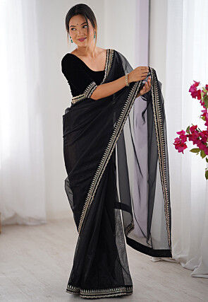 Embroidered Border Net Saree in Black