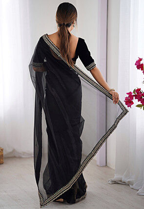Embroidered Border Net Saree in Black