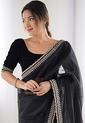 Embroidered Border Net Saree in Black