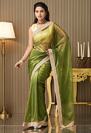 Embroidered Border Net Saree in Light Green