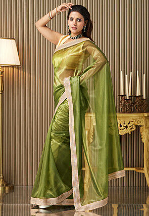 Embroidered Border Net Saree in Light Green