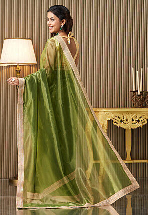 Embroidered Border Net Saree in Light Green