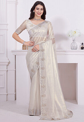 Embroidered Border Net Saree in Off White