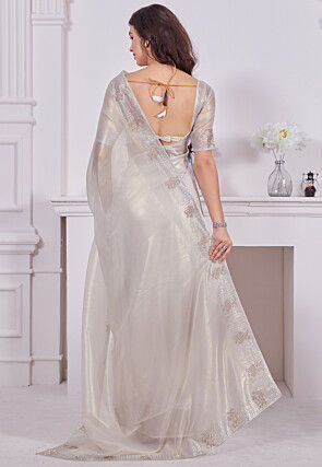 Embroidered Border Net Saree in Off White
