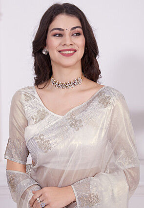 Embroidered Border Net Saree in Off White