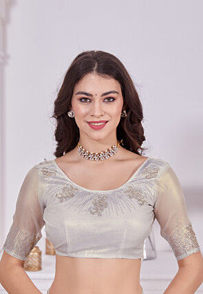 Embroidered Border Net Saree in Off White