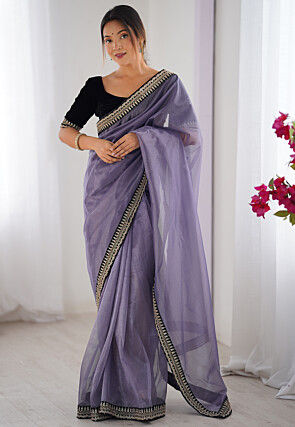 Embroidered Border Net Saree in Purple