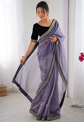 Embroidered Border Net Saree in Purple