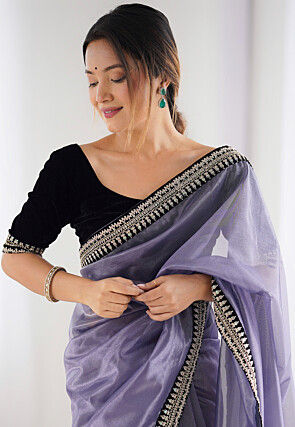 Embroidered Border Net Saree in Purple