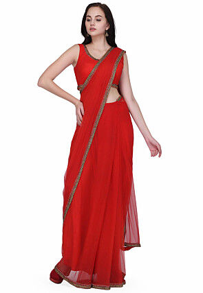 Embroidered Border Net Saree in Red