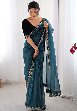 Embroidered Border Net Saree in Teal Blue