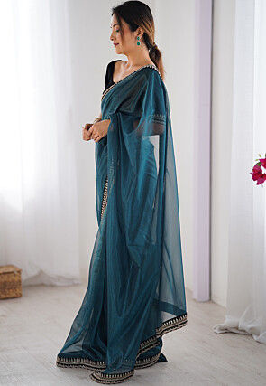 Embroidered Border Net Saree in Teal Blue