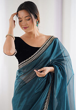 Embroidered Border Net Saree in Teal Blue