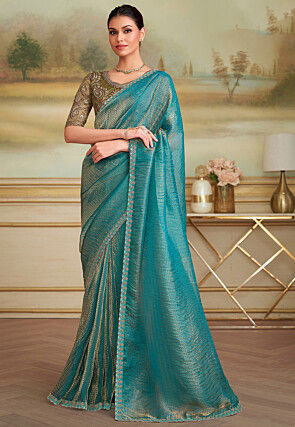 Embroidered Border Organza Jacquard Saree in Teal Blue