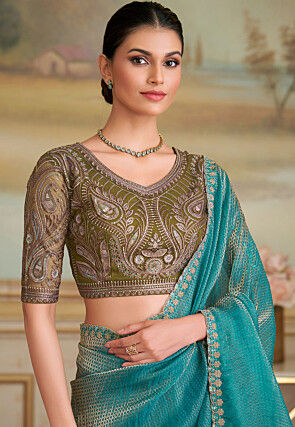 Embroidered Border Organza Jacquard Saree in Teal Blue