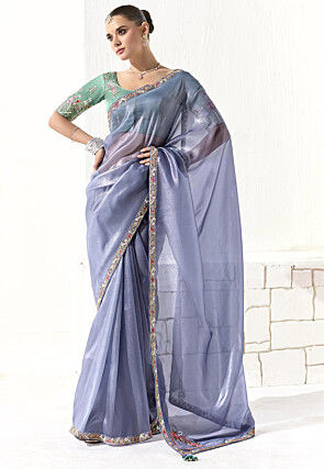 Embroidered Border Organza Saree in Blue