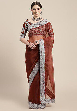 Embroidered Border Organza Saree in Brown