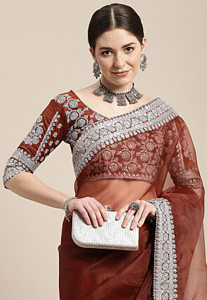 Embroidered Border Organza Saree in Brown