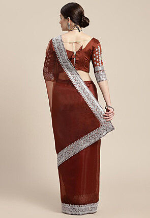 Embroidered Border Organza Saree in Brown