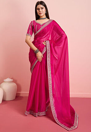Embroidered Border Organza Saree in Fuchsia