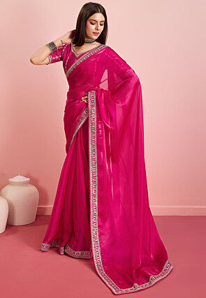 Embroidered Border Organza Saree in Fuchsia