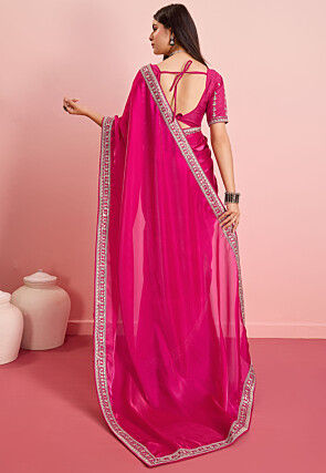 Embroidered Border Organza Saree in Fuchsia