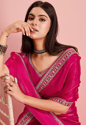 Embroidered Border Organza Saree in Fuchsia