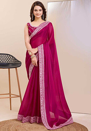 Embroidered Border Organza Saree in Fuchsia