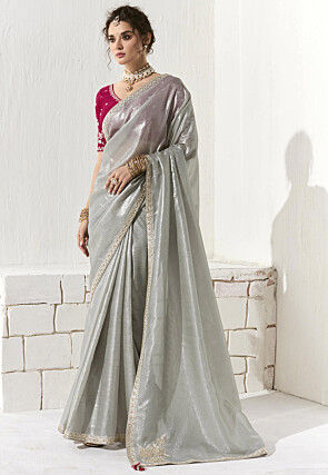 Embroidered Border Organza Saree in Grey