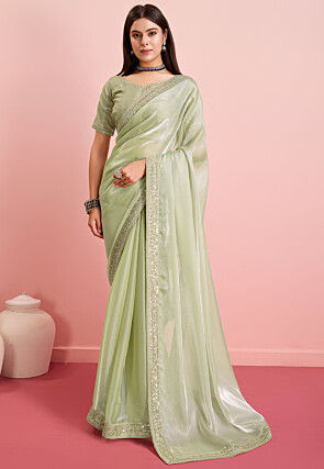Embroidered Border Organza Saree in Light Green