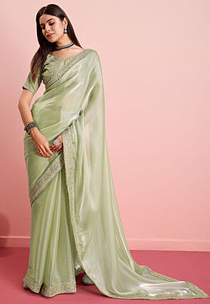 Embroidered Border Organza Saree in Light Green