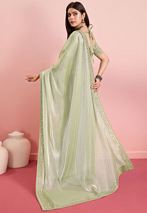Embroidered Border Organza Saree in Light Green