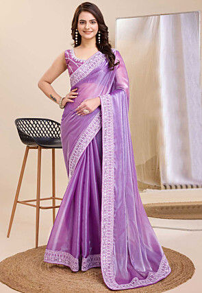 Embroidered Border Organza Saree in Light Purple