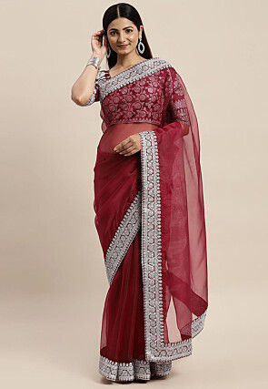 Embroidered Border Organza Saree in Magenta