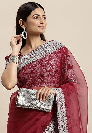 Embroidered Border Organza Saree in Magenta
