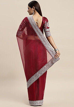 Embroidered Border Organza Saree in Magenta
