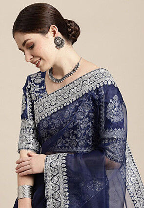 Embroidered Border Organza Saree in Navy Blue