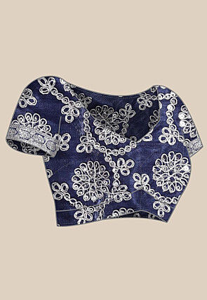 Embroidered Border Organza Saree in Navy Blue